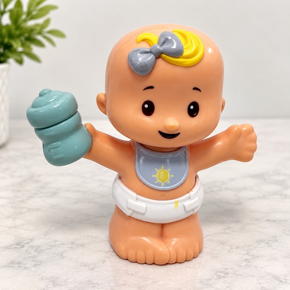 FISHER PRICE Little People Toy Figure Girl Baby w/ Blue Bottle VTG 90s Preschool